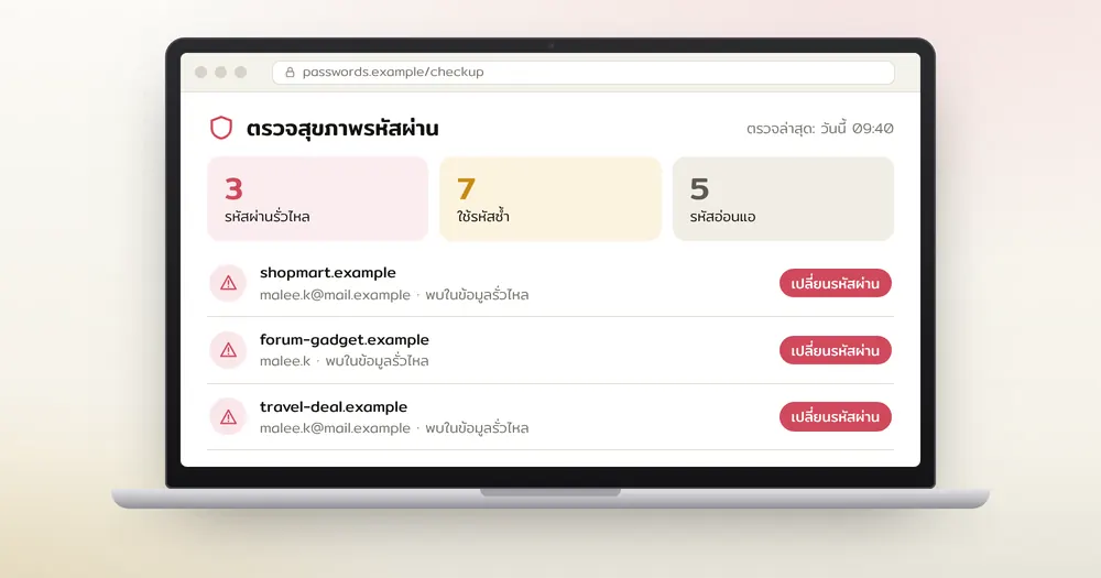 โน้ตบุ๊กแสดงหน้าผลตรวจความปลอดภัยรหัสผ่าน พบรหัสรั่ว ซ้ำ และอ่อนแอ
