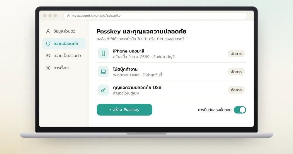 หน้าจอโน้ตบุ๊กแสดงหน้าตั้งค่าความปลอดภัยของบัญชีพร้อมปุ่มสร้าง Passkey