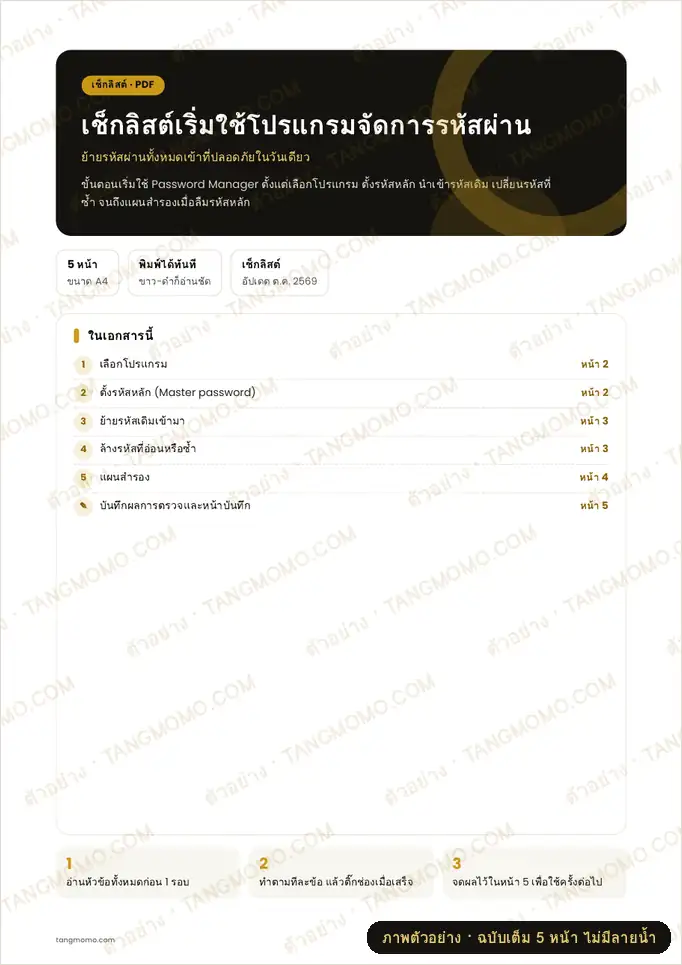 ภาพตัวอย่างบางส่วนของ เช็กลิสต์เริ่มใช้โปรแกรมจัดการรหัสผ่าน