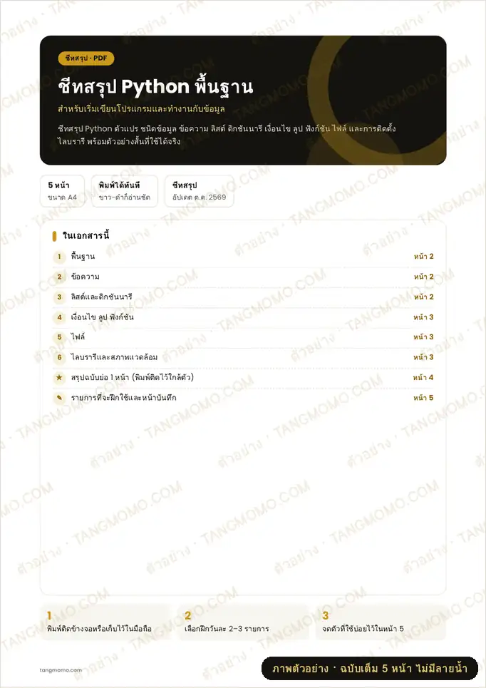 ภาพตัวอย่างบางส่วนของ ชีทสรุป Python พื้นฐาน