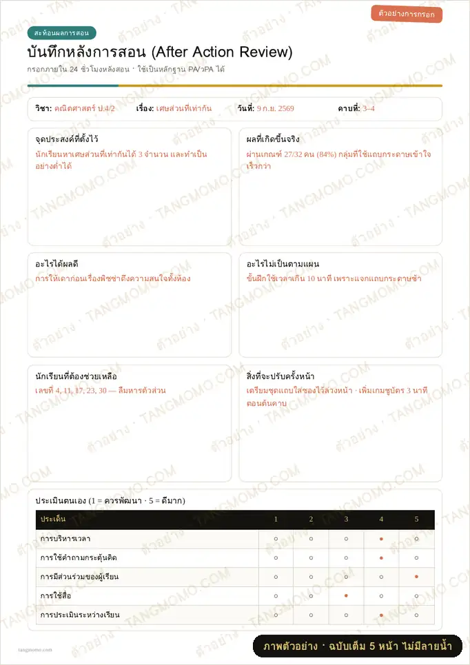 ภาพตัวอย่างบางส่วนของ บันทึกหลังการสอน + บันทึกการประชุม PLC + Exit Ticket 3-2-1 (PDF พร้อมพิมพ์)