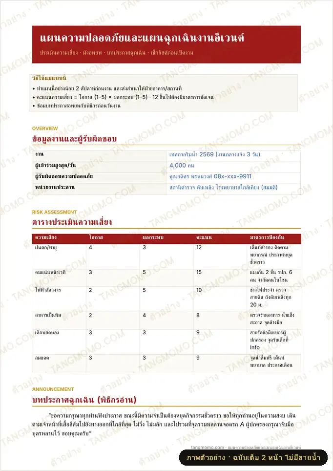 ภาพตัวอย่างบางส่วนของ แผนความปลอดภัยและแผนฉุกเฉินสำหรับงานอีเวนต์ (Word)