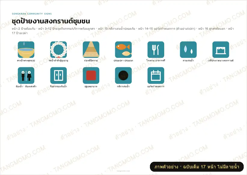 ภาพตัวอย่างบางส่วนของ ชุดป้ายงานประเพณีสงกรานต์ชุมชน 10 จุด พร้อมป้ายกติกาและกำหนดการ (PDF พร้อมพิมพ์)