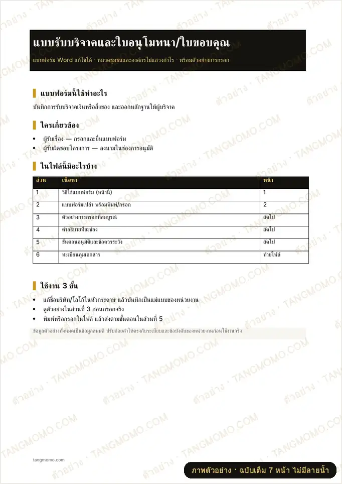 ภาพตัวอย่างบางส่วนของ แบบรับบริจาคและใบอนุโมทนา/ใบขอบคุณ (Word)