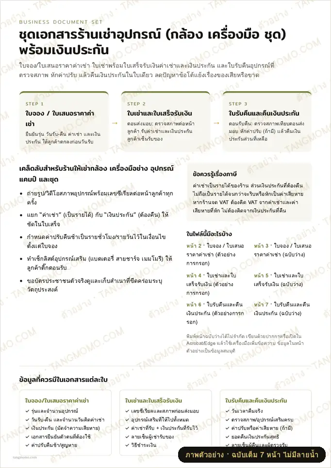 ภาพตัวอย่างบางส่วนของ ชุดเอกสารร้านเช่าอุปกรณ์ (กล้อง เครื่องมือ ชุด) พร้อมเงินประกัน (PDF พร้อมพิมพ์)