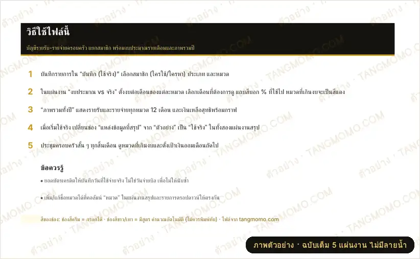 ภาพตัวอย่างบางส่วนของ บัญชีรายรับ-รายจ่ายครอบครัว แยกสมาชิก + งบประมาณรายเดือน (Excel)