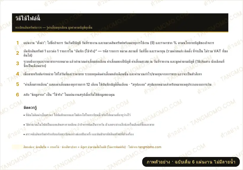 ภาพตัวอย่างบางส่วนของ ทะเบียนสินทรัพย์ถาวรและตารางค่าเสื่อมราคารายเดือน (หลายรายการ ตัดจำหน่าย/ขายได้) (Excel)