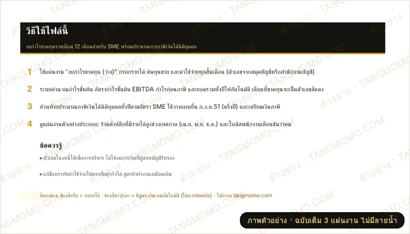 ภาพตัวอย่างบางส่วนของ งบกำไรขาดทุนรายเดือน 12 เดือน (SME) + ประมาณภาษีนิติบุคคล (Excel)