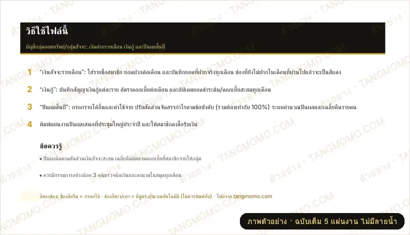 ภาพตัวอย่างบางส่วนของ บัญชีกลุ่มออมทรัพย์ เงินกู้สมาชิก และคำนวณปันผลสิ้นปี (Excel)