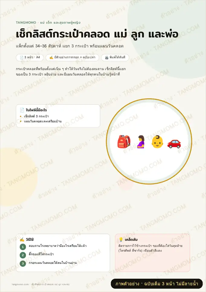 ภาพตัวอย่างบางส่วนของ เช็กลิสต์กระเป๋าคลอด แม่ ลูก และพ่อ (PDF พร้อมพิมพ์)