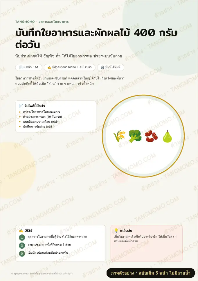 ภาพตัวอย่างบางส่วนของ บันทึกใยอาหารและผักผลไม้ 400 กรัมต่อวัน (PDF พร้อมพิมพ์)