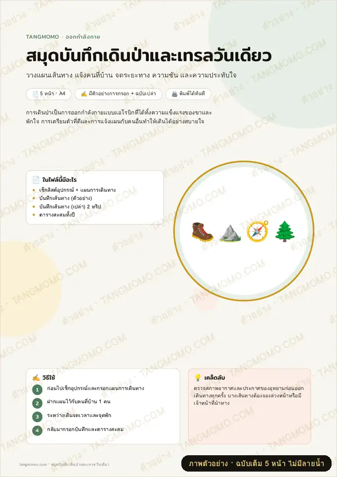 ภาพตัวอย่างบางส่วนของ สมุดบันทึกเดินป่าและเทรลวันเดียว (PDF พร้อมพิมพ์)