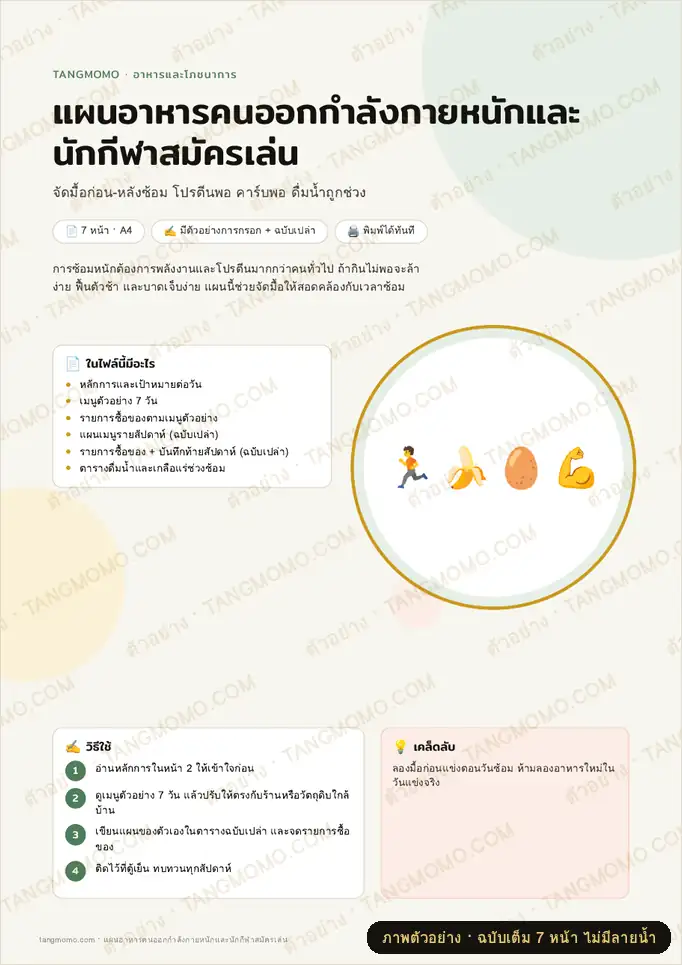 ภาพตัวอย่างบางส่วนของ แผนอาหารคนออกกำลังกายหนักและนักกีฬาสมัครเล่น (PDF พร้อมพิมพ์)