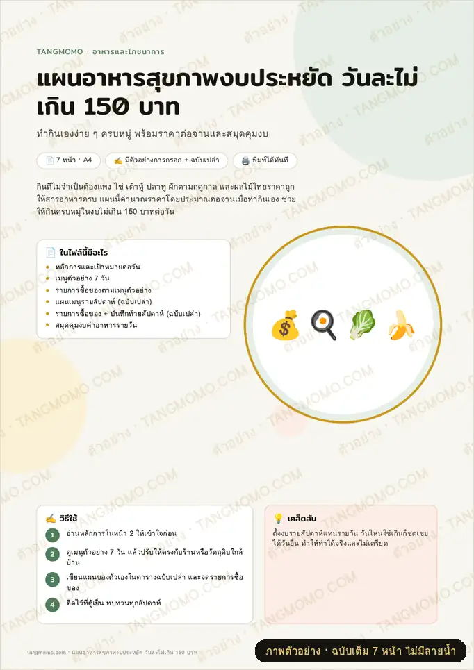 ภาพตัวอย่างบางส่วนของ แผนอาหารสุขภาพงบประหยัด วันละไม่เกิน 150 บาท (PDF พร้อมพิมพ์)