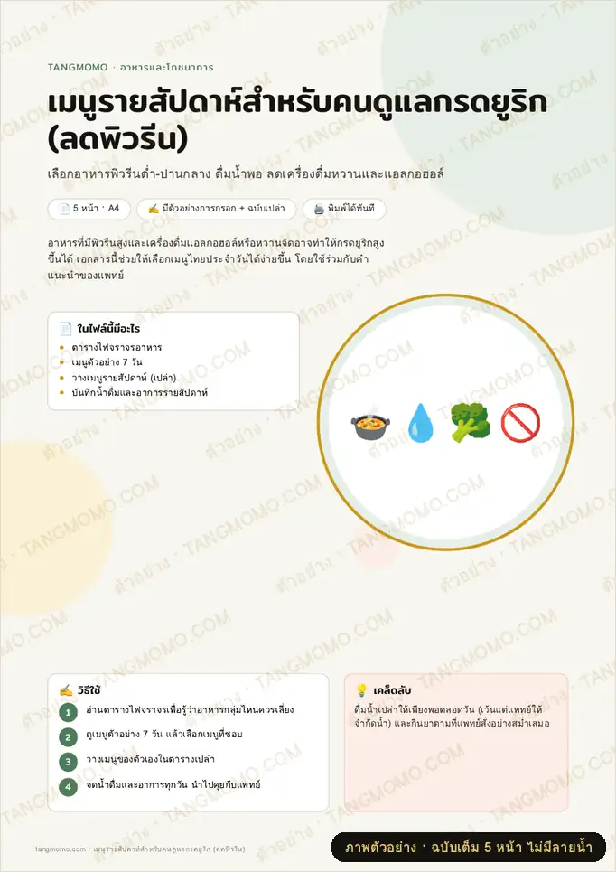 ภาพตัวอย่างบางส่วนของ เมนูรายสัปดาห์สำหรับคนดูแลกรดยูริก (ลดพิวรีน) (PDF พร้อมพิมพ์)