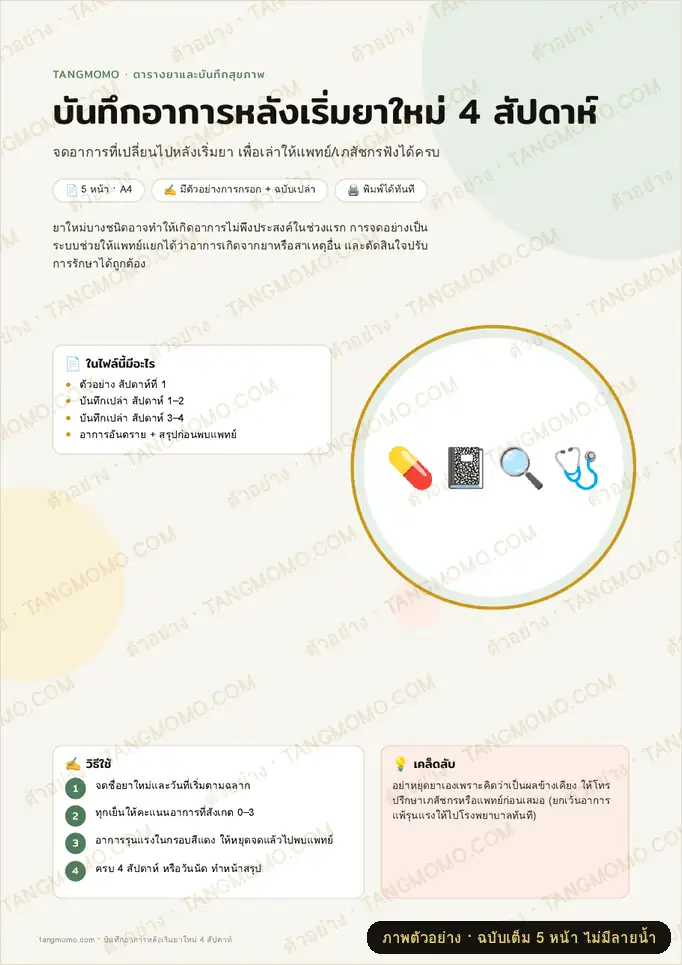 ภาพตัวอย่างบางส่วนของ บันทึกอาการหลังเริ่มยาใหม่ 4 สัปดาห์ (PDF พร้อมพิมพ์)