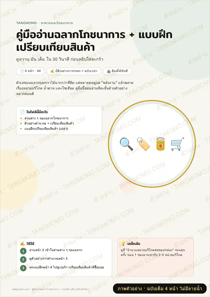 ภาพตัวอย่างบางส่วนของ คู่มืออ่านฉลากโภชนาการ + แบบฝึกเปรียบเทียบสินค้า (PDF พร้อมพิมพ์)