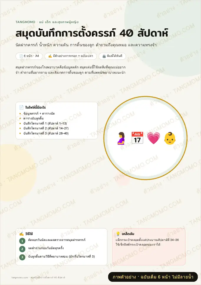 ภาพตัวอย่างบางส่วนของ สมุดบันทึกการตั้งครรภ์ 40 สัปดาห์ (PDF พร้อมพิมพ์)