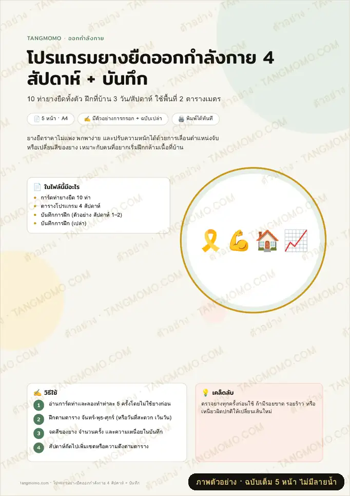 ภาพตัวอย่างบางส่วนของ โปรแกรมยางยืดออกกำลังกาย 4 สัปดาห์ + บันทึก (PDF พร้อมพิมพ์)