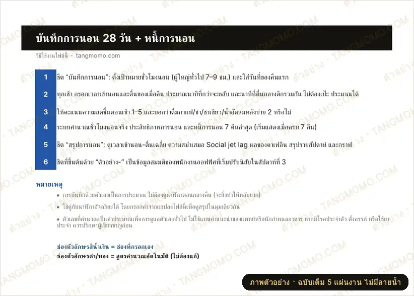 ภาพตัวอย่างบางส่วนของ บันทึกการนอน 28 วัน คำนวณหนี้การนอนและความสม่ำเสมอของเวลานอน (Excel)