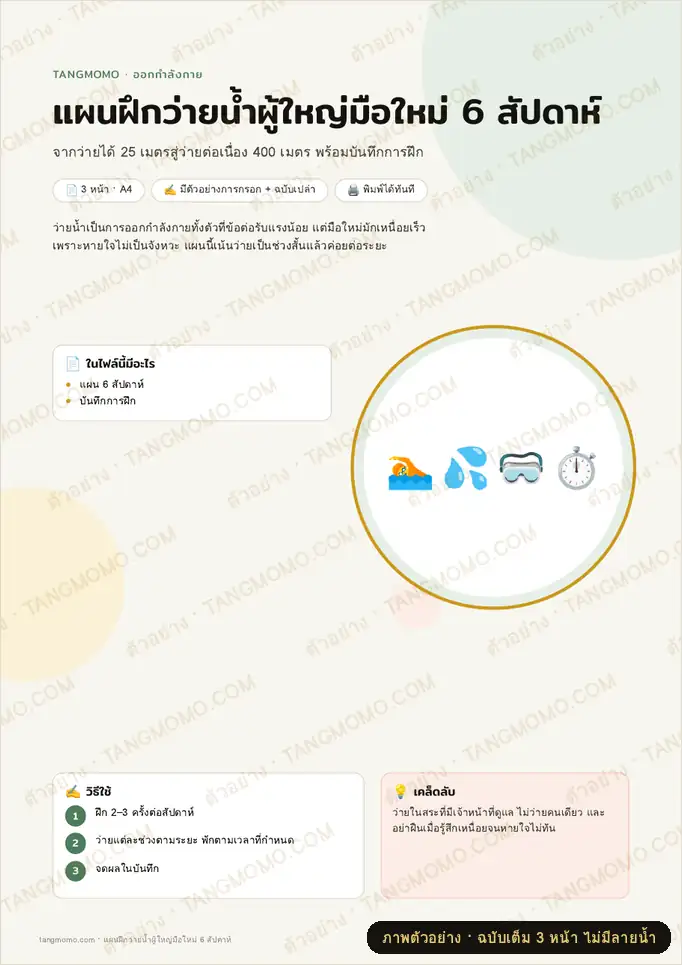 ภาพตัวอย่างบางส่วนของ แผนฝึกว่ายน้ำผู้ใหญ่มือใหม่ 6 สัปดาห์ (PDF พร้อมพิมพ์)