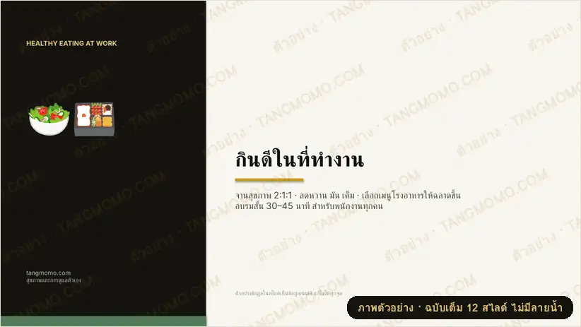 ภาพตัวอย่างบางส่วนของ สไลด์อบรม “กินดีในที่ทำงาน” จานสุขภาพ 2:1:1 และลดหวาน มัน เค็ม (สำหรับ HR/ทีมสุขภาพองค์กร) (PowerPoint)