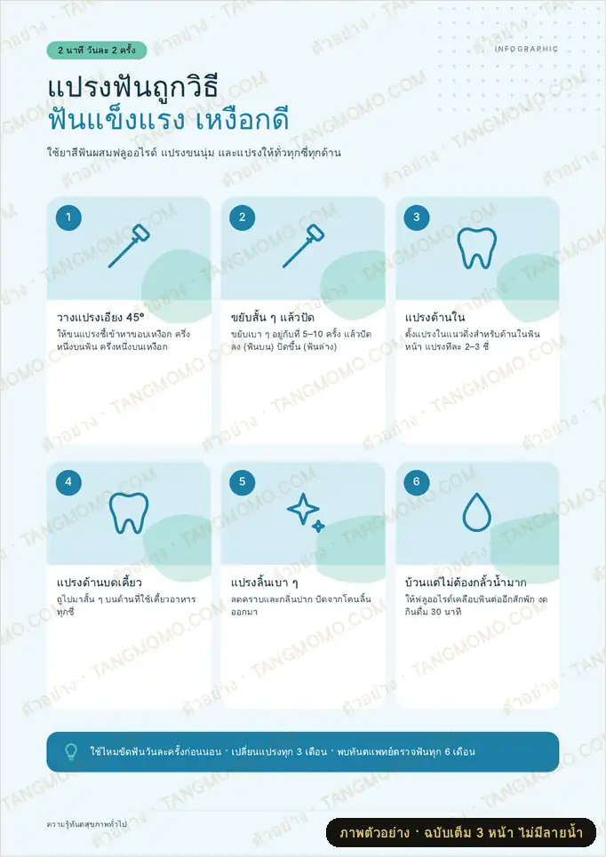 ภาพตัวอย่างบางส่วนของ อินโฟกราฟิกแปรงฟันถูกวิธี 6 ขั้น (ติดห้องรอคลินิกทันตกรรม) (PDF พร้อมพิมพ์)