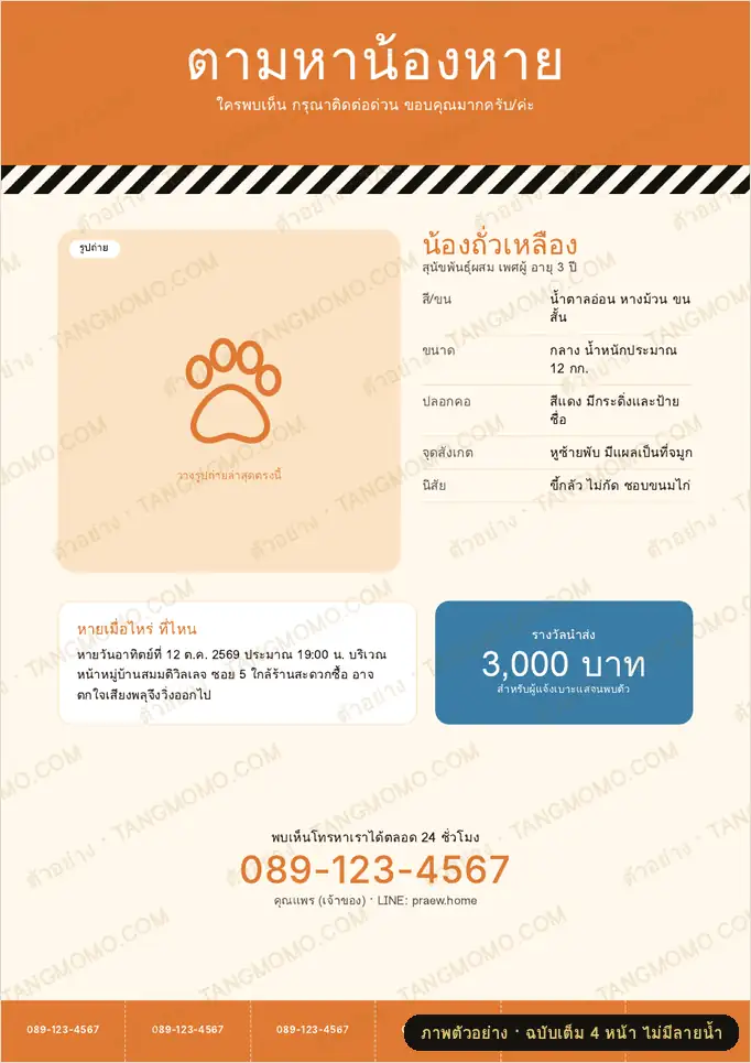ภาพตัวอย่างบางส่วนของ ประกาศตามหาสัตว์เลี้ยงหาย (PDF พร้อมพิมพ์)