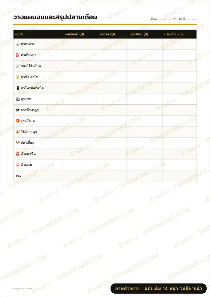 ภาพตัวอย่างบางส่วนของ ซองงบประมาณเงินสด 12 หมวด (Cash envelope) พิมพ์พับได้ พร้อมตารางจดรายจ่ายหน้าซอง (PDF พร้อมพิมพ์)