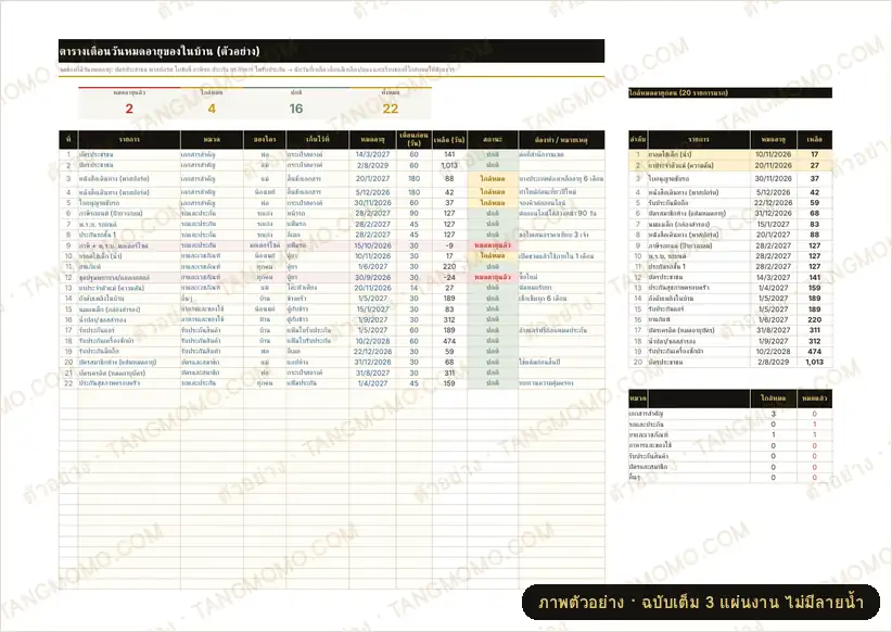ภาพตัวอย่างบางส่วนของ ตารางเตือนวันหมดอายุของในบ้าน บัตรประชาชน พาสปอร์ต ภาษีรถ ประกัน ยา และใบรับประกัน (Excel)