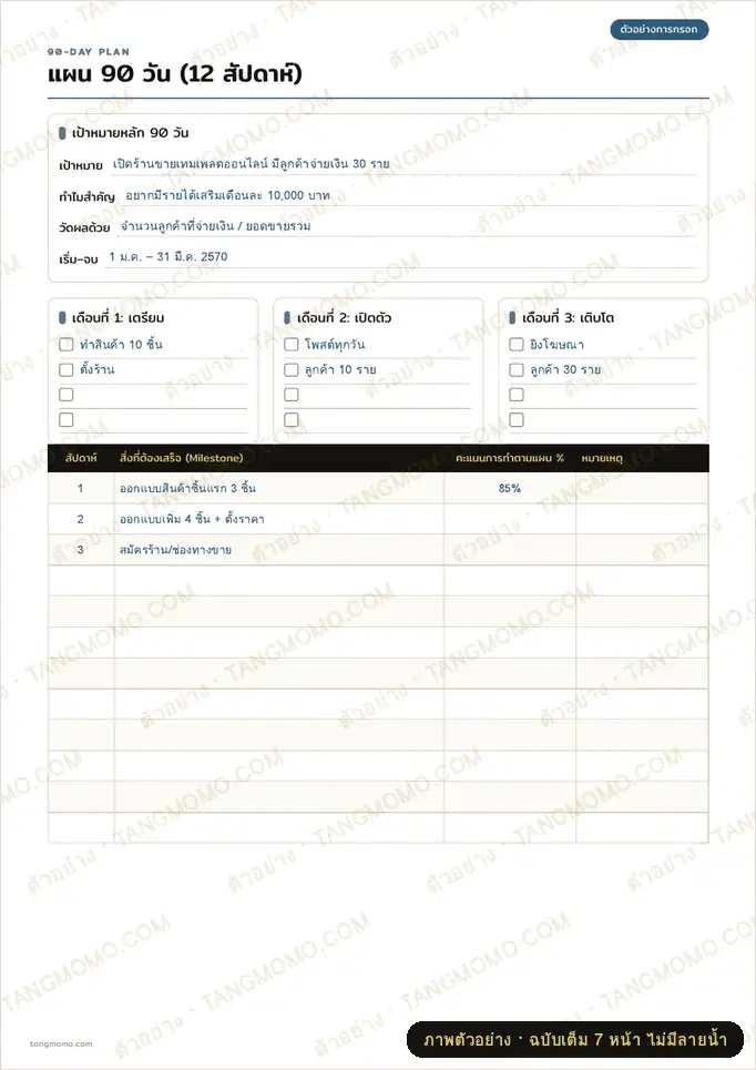 ภาพตัวอย่างบางส่วนของ แผน 90 วัน (12 Week plan) ทำเป้าใหญ่ให้สำเร็จใน 1 ไตรมาส (PDF พร้อมพิมพ์)