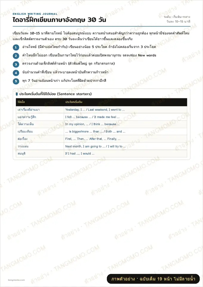 ภาพตัวอย่างบางส่วนของ ไดอารี่ฝึกเขียนภาษาอังกฤษ 30 วัน (โจทย์รายวัน + คำศัพท์ + ตรวจงานตัวเอง) (PDF พร้อมพิมพ์)