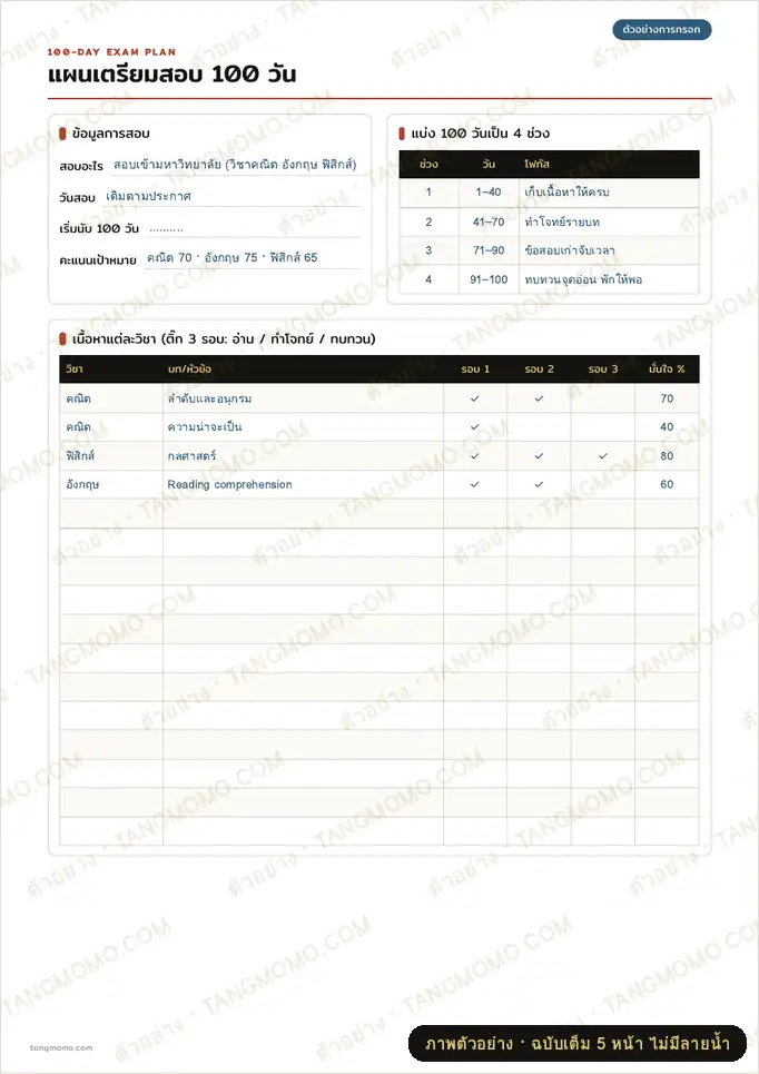 ภาพตัวอย่างบางส่วนของ แพลนเนอร์เตรียมสอบ 100 วัน (นับถอยหลัง) (PDF พร้อมพิมพ์)