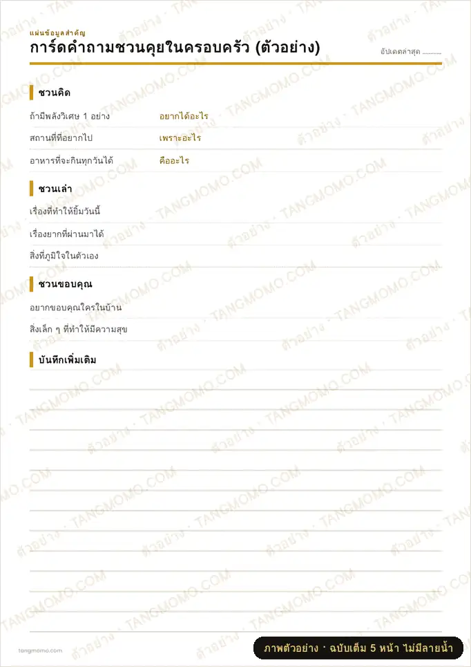 ภาพตัวอย่างบางส่วนของ การ์ดคำถามชวนคุยในครอบครัว (PDF พร้อมพิมพ์)