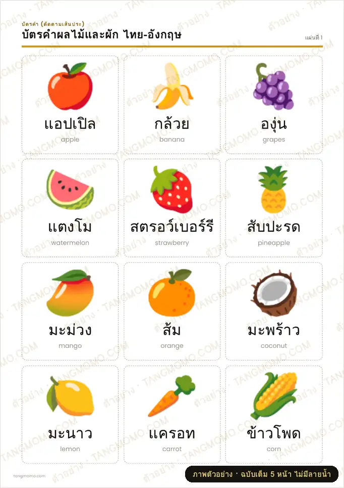 ภาพตัวอย่างบางส่วนของ บัตรคำผลไม้และผัก ไทย-อังกฤษ (PDF พร้อมพิมพ์)