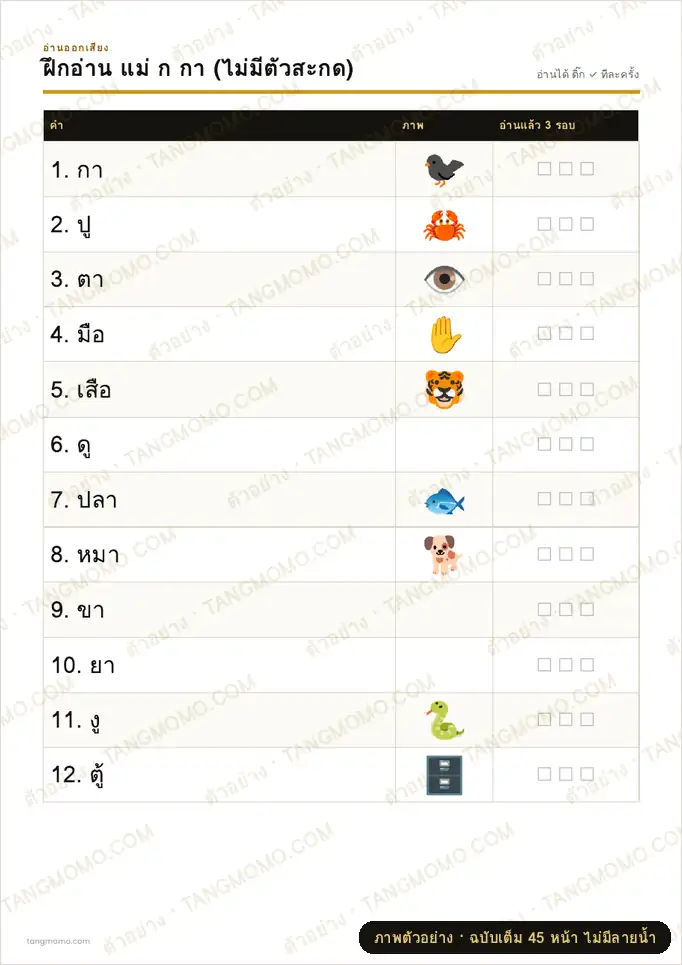 ภาพตัวอย่างบางส่วนของ ฝึกอ่าน แม่ ก กา และมาตราตัวสะกดครบ 8 มาตรา (PDF พร้อมพิมพ์)