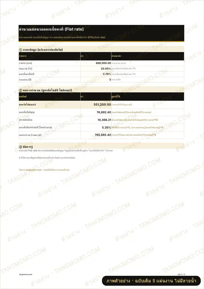 ภาพตัวอย่างบางส่วนของ คำนวณผ่อนรถดอกเบี้ยคงที่ (Flat rate) (Excel)