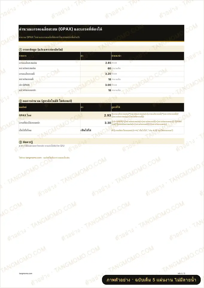 ภาพตัวอย่างบางส่วนของ คำนวณเกรดเฉลี่ยสะสม (GPAX) และเกรดที่ต้องได้ (Excel)
