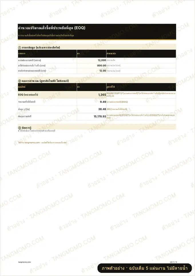 ภาพตัวอย่างบางส่วนของ คำนวณปริมาณสั่งซื้อที่ประหยัดที่สุด (EOQ) (Excel)