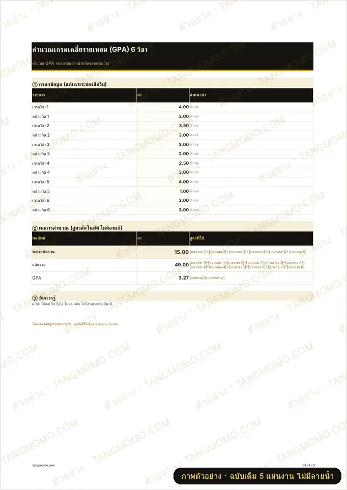 ภาพตัวอย่างบางส่วนของ คำนวณเกรดเฉลี่ยรายเทอม (GPA) 6 วิชา (Excel)