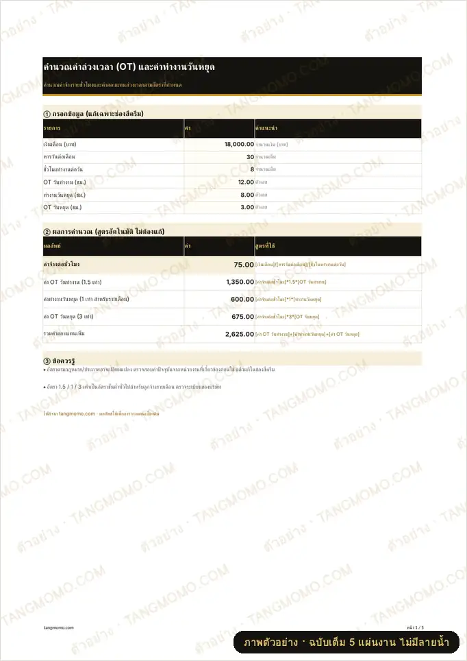 ภาพตัวอย่างบางส่วนของ คำนวณค่าล่วงเวลา (OT) และค่าทำงานวันหยุด (Excel)