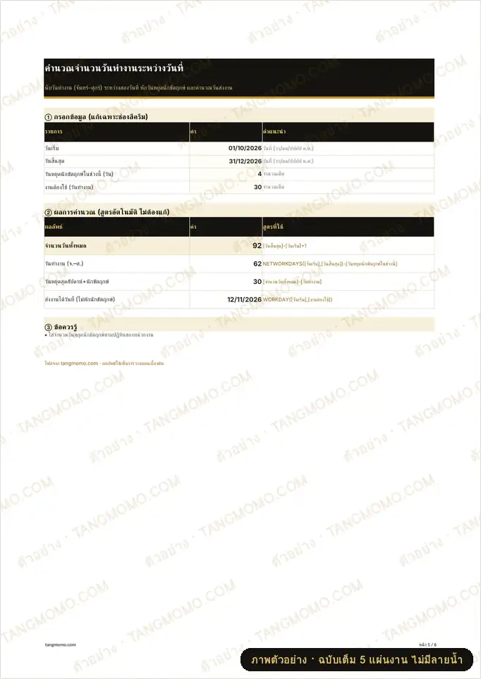 ภาพตัวอย่างบางส่วนของ คำนวณจำนวนวันทำงานระหว่างวันที่ (Excel)