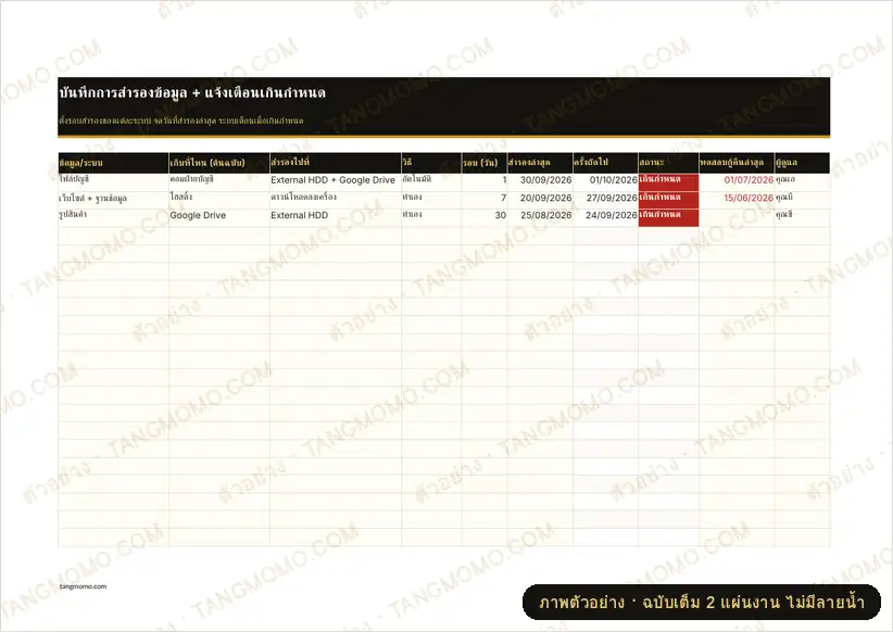 ภาพตัวอย่างบางส่วนของ บันทึกการสำรองข้อมูล (Excel)
