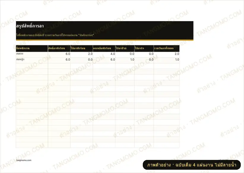 ภาพตัวอย่างบางส่วนของ บันทึกวันลาพนักงาน (Excel)