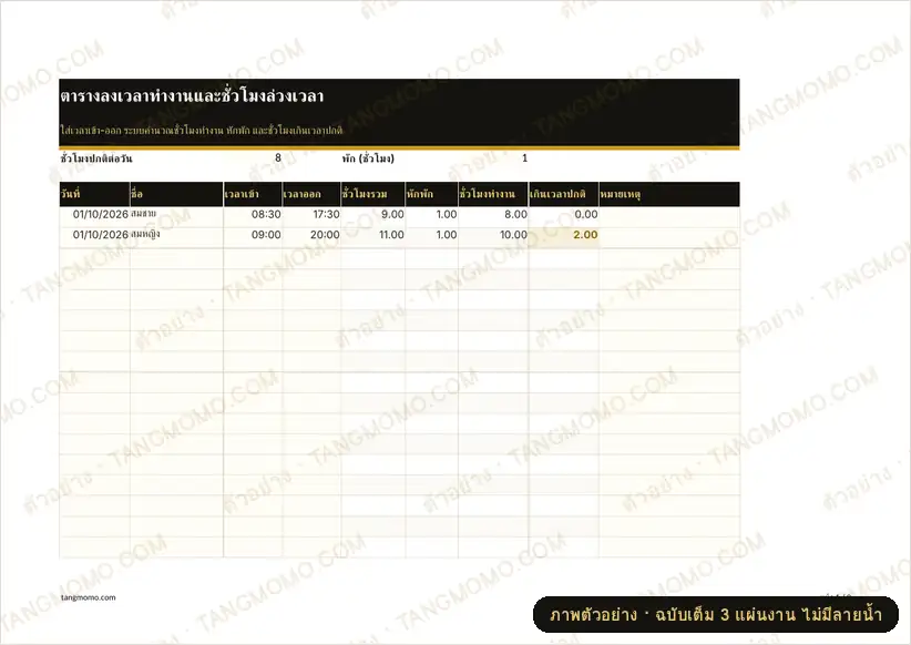 ภาพตัวอย่างบางส่วนของ ตารางลงเวลาทำงานและชั่วโมงล่วงเวลา (Excel)