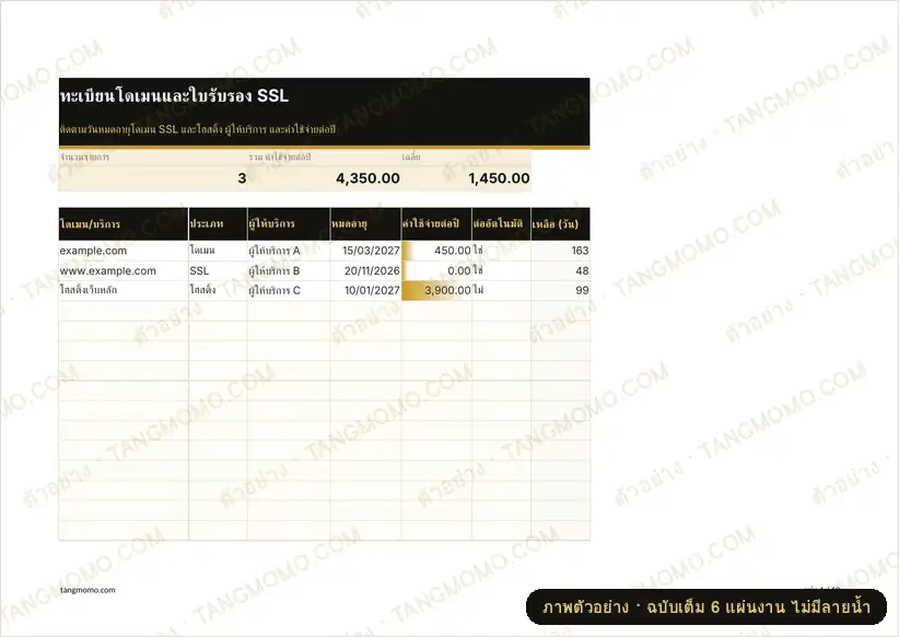 ภาพตัวอย่างบางส่วนของ ทะเบียนโดเมนและใบรับรอง SSL (Excel)