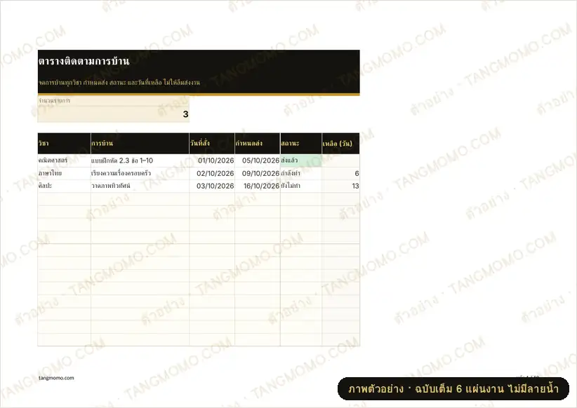 ภาพตัวอย่างบางส่วนของ ตารางติดตามการบ้าน (Excel)