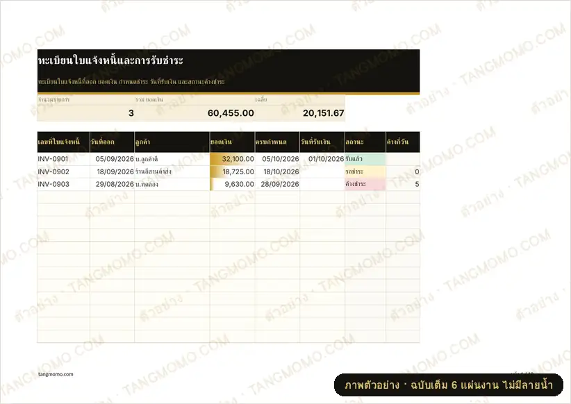 ภาพตัวอย่างบางส่วนของ ทะเบียนใบแจ้งหนี้และการรับชำระ (Excel)