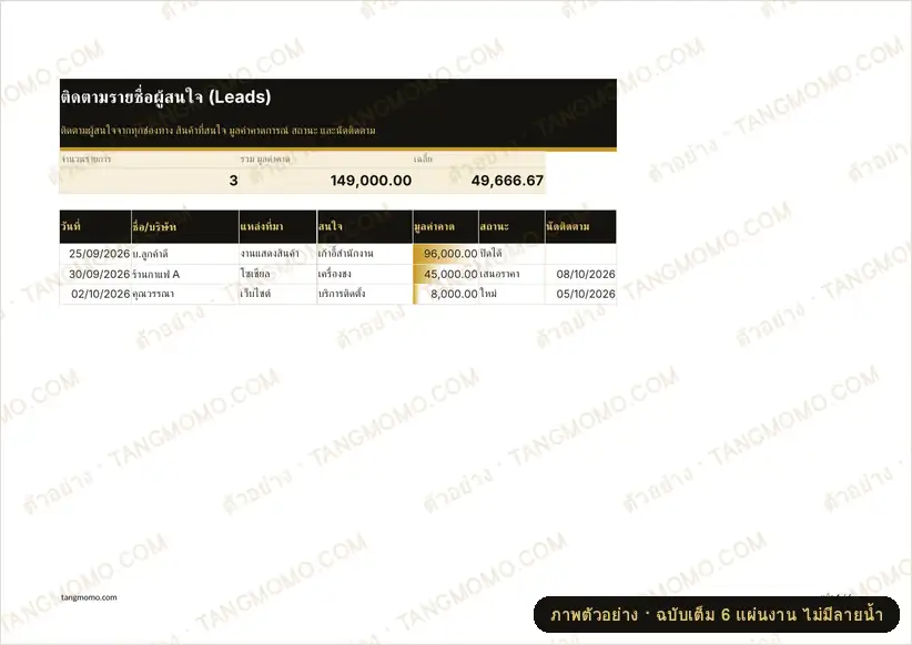 ภาพตัวอย่างบางส่วนของ ติดตามรายชื่อผู้สนใจ (Leads) (Excel)